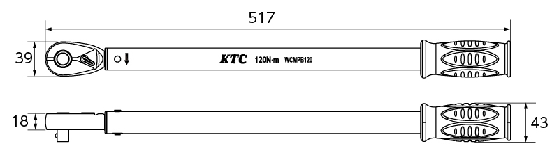 「12.7sq.ホイール取付専用トルクレンチ」（WCMPB120、WCMPB140）寸法図